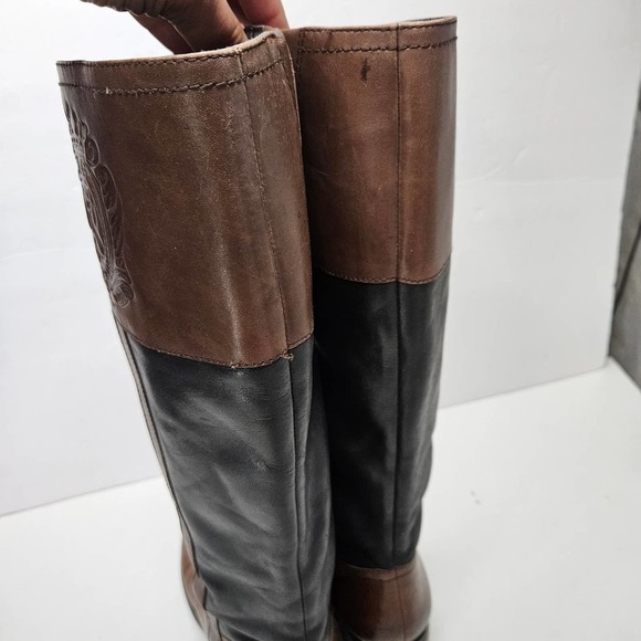 Franco Sarto Leather Riding Boots 9.5 Black Brown Embossed Logo - Picture 4 of 12
